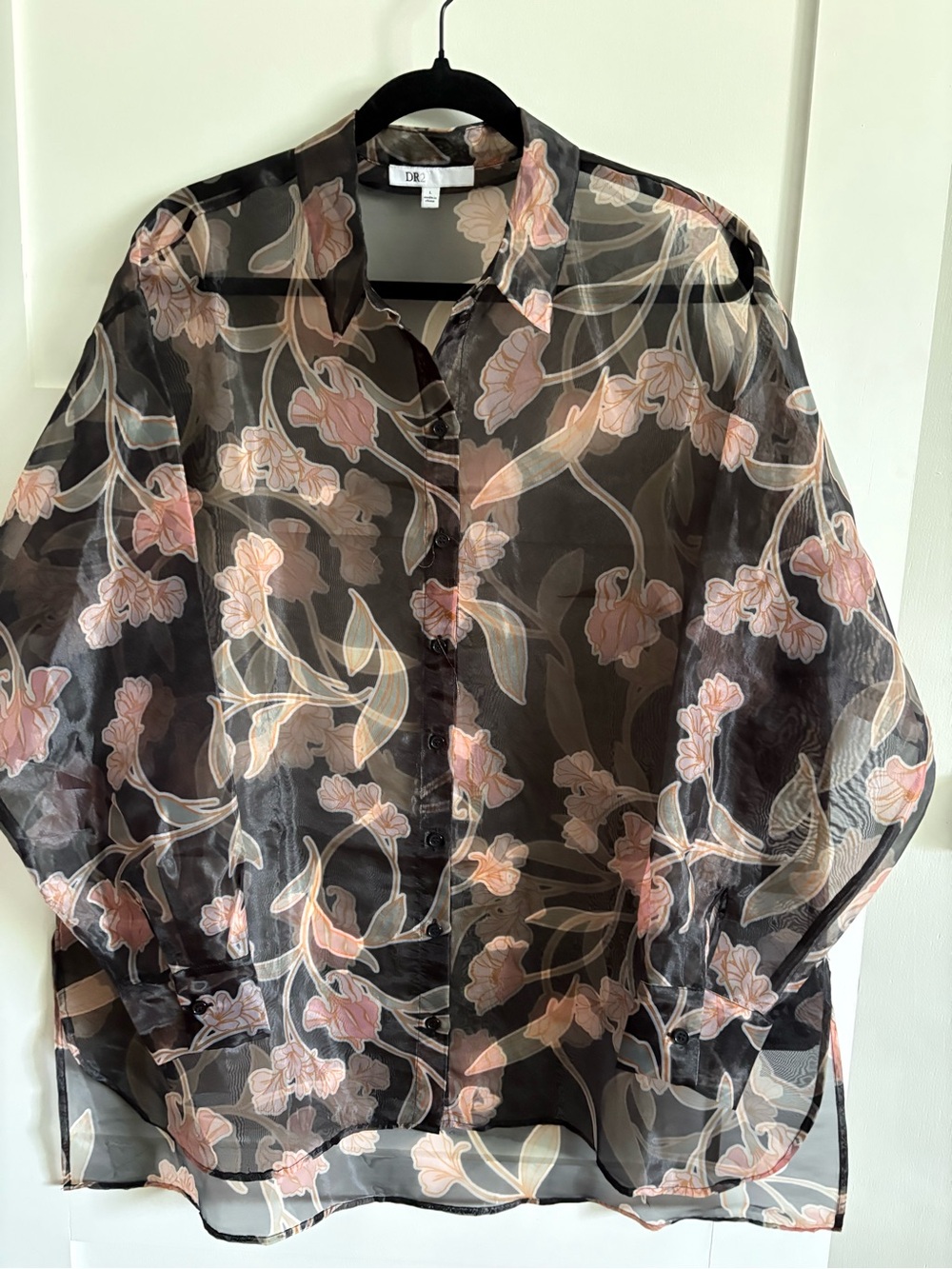 DR2 Black Sheer Floral Button-Up Blouse with Pink Accents